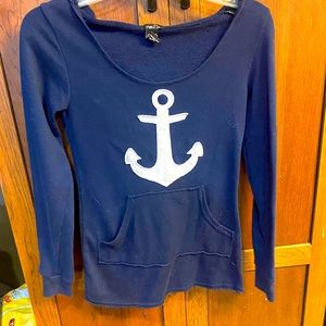 Blue long sleeve shirt with a hood